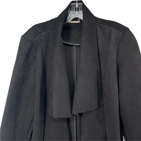T Tahari Black Coat Draped Open Front Faux Fur Trim Vegan Microsuede Chic Size L - Picture 2 of 10